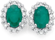 9ct Gold Emerald & .25ct Diamond Oval Frame Stud Earrings