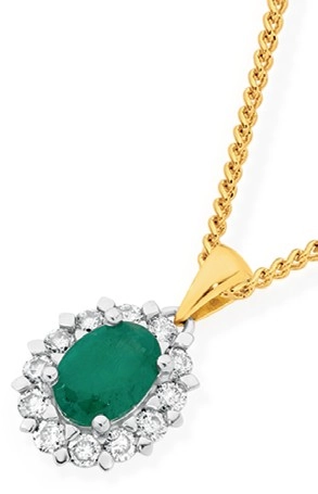 9ct Gold Emerald & .34ct Diamond Oval Frame Pendant