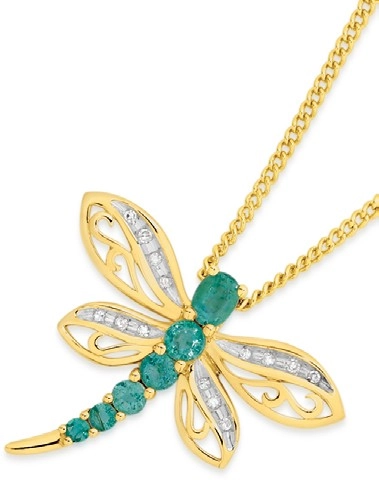 9ct Gold Emerald & Diamond Dragonfly Slider Pendant