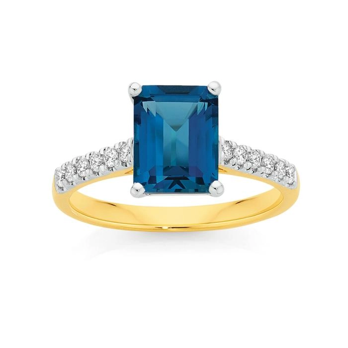 9ct Gold London Blue Topaz & .20ct Diamond Ring