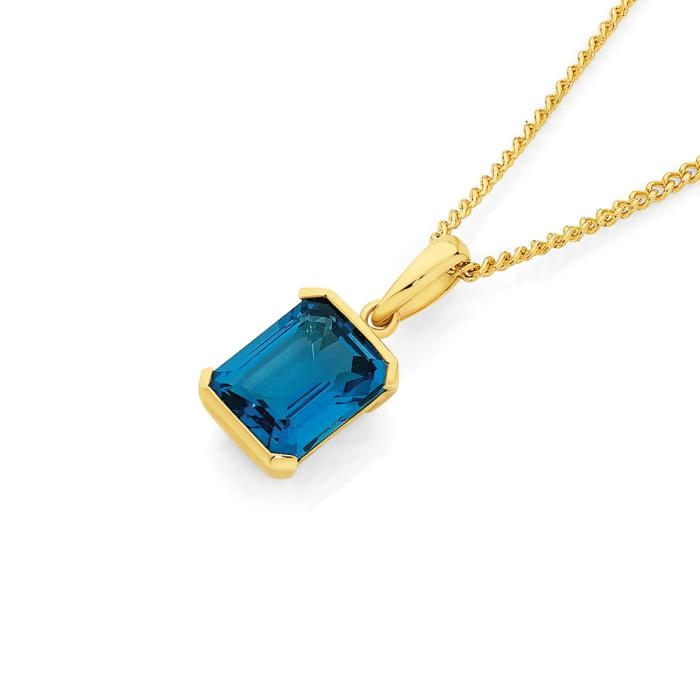 9ct Gold London Blue Topaz Emerald Cut Pendant