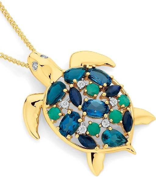 9ct Gold Multi Gemstone & Diamond Turtle Pendant