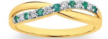 9ct Gold Natural Emerald & .10ct Diamond Crossover Ring