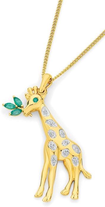 9ct Gold Natural Emerald & Diamond Giraffe Pendant