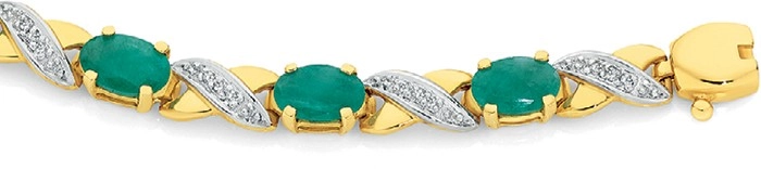 9ct Gold Natural Emerald & Diamond Oval Cut Kiss Bracelet