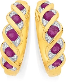 9ct Gold Natural Ruby & Diamond Huggie Earrings