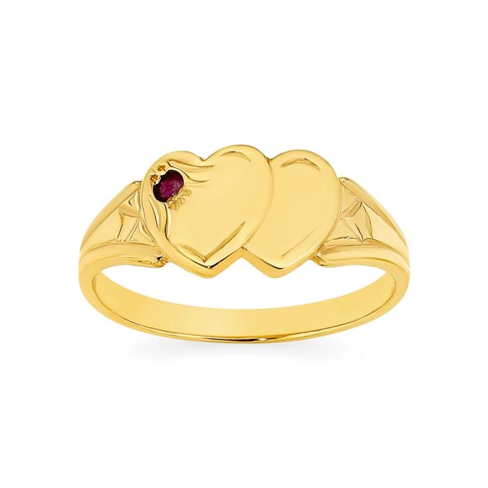 9ct Gold Natural Ruby Double Heart Signet Ring