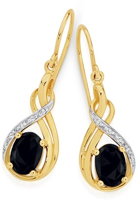 9ct Gold Natural Sapphire & Diamond Hook Earrings