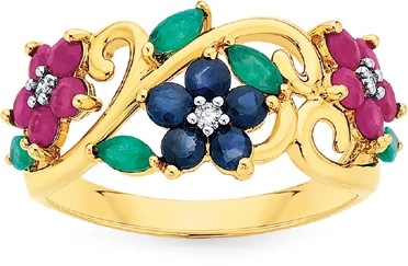 9ct Gold Natural Sapphire, Ruby, Emerald & Diamond Ring