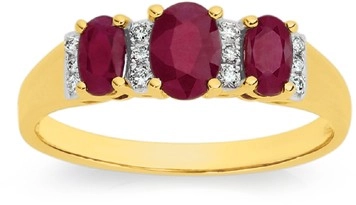 9ct Gold Ruby & .10ct Diamond Oval Trilogy Ring