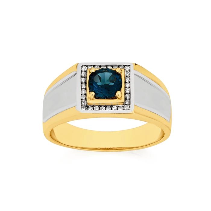 9ct Gold Two Tone London Blue Topaz & Diamonds Square Top Men's Ring