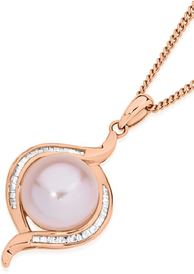 9ct Rose Gold Natural Cultured Freshwater Pearl & .18ct Diamond Swirl Pendant