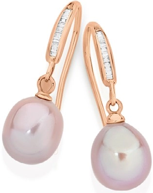 9ct Rose Gold Pink Cultured Freshwater Pearl & Diamond Hook Earrings