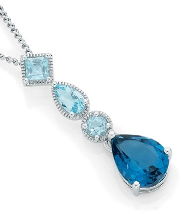 9ct White Gold London & Sky Blue Topaz Pear Vintage Style Slider Pendant