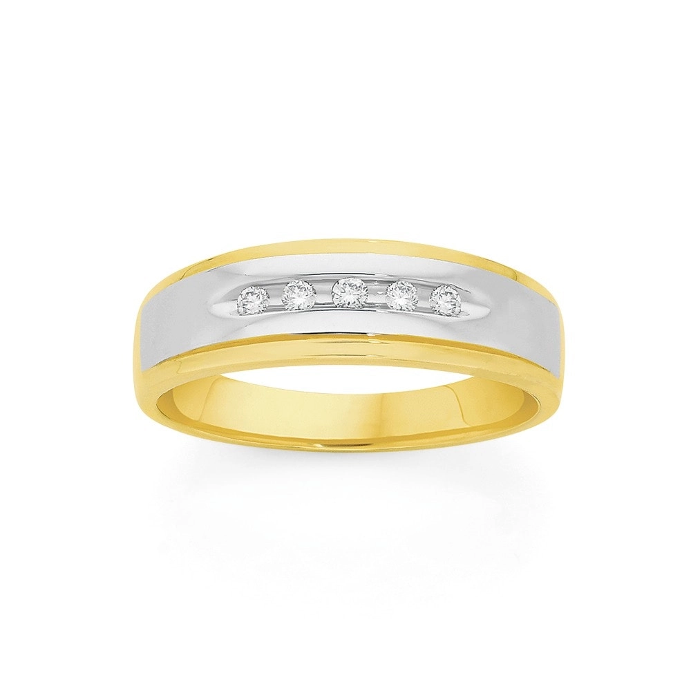 9ct Yellow and White Gold 5 Diamonds Men's Ring