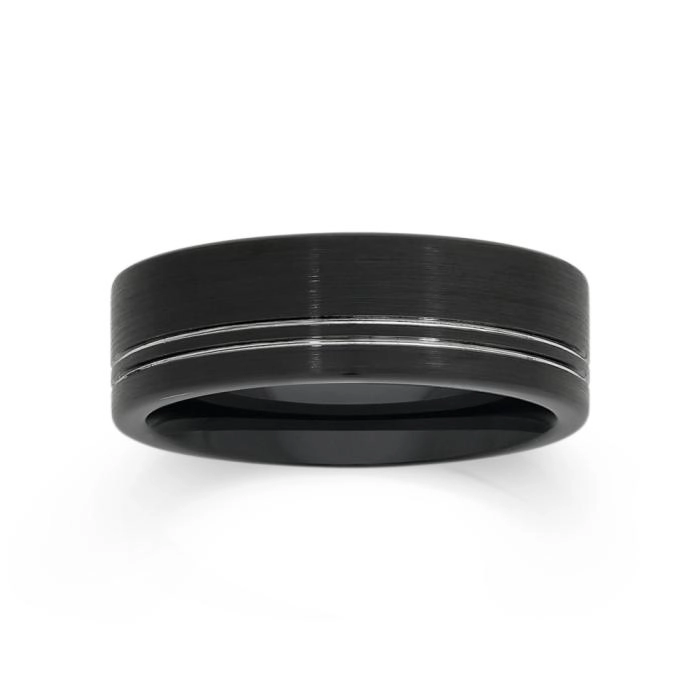 M+Y Tungsten Carbide Black Two Fine Lines Men's Ring