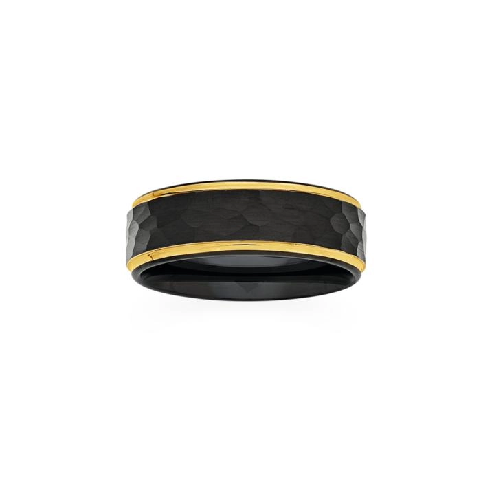 M+Y Tungsten Carbide Textured Black & Yellow Gold Plate Rim Men's Ring