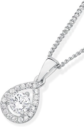 Sterling Silver 4mm Cubic Zirconia and Pear Frame Pendant