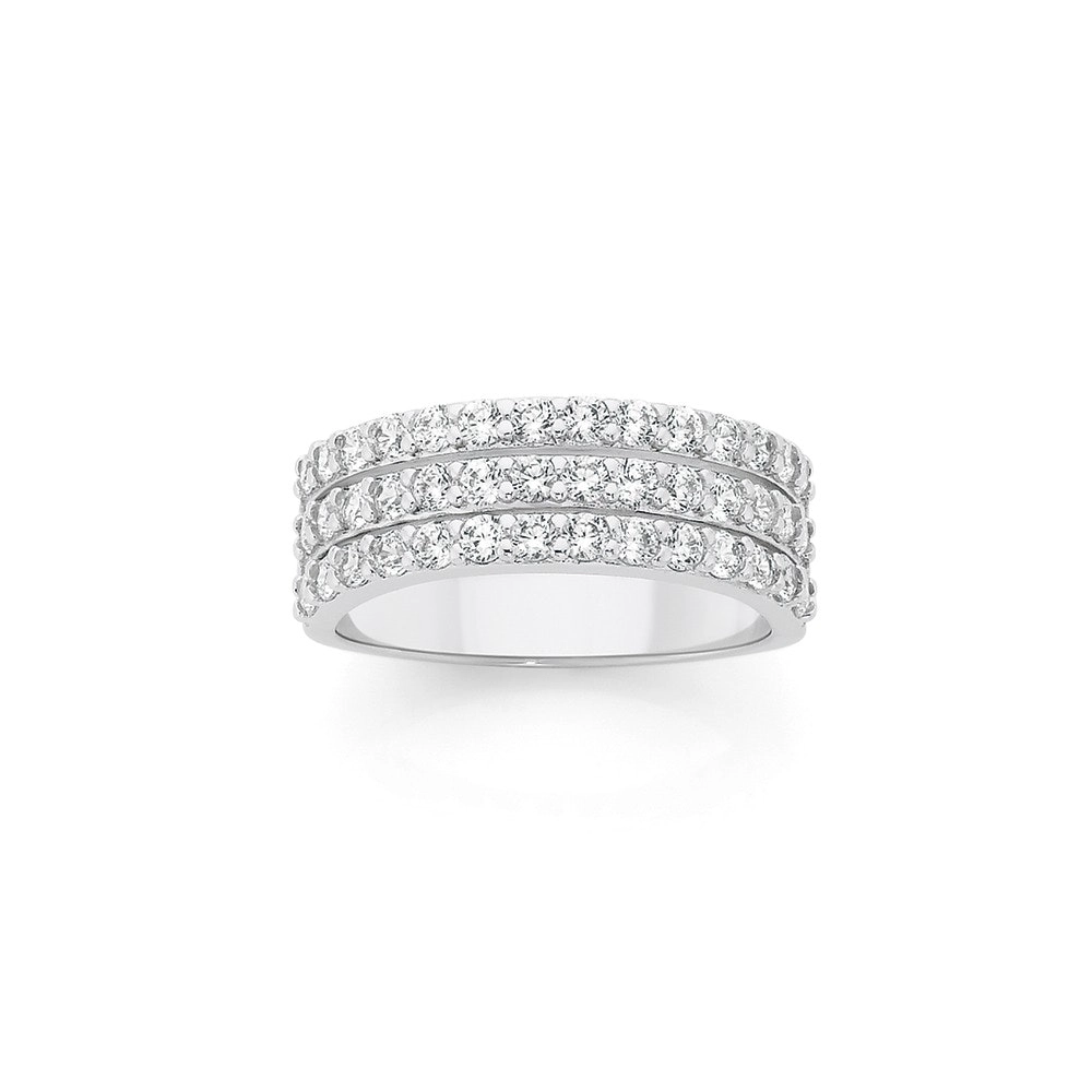 Sterling Silver Cubic Zirconia 3 Row Claw Set Dress Ring