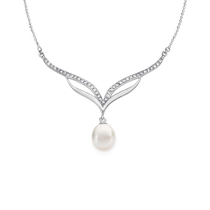 Sterling Silver Cult Fresh Water Pearl On Cubic Zirconia V Necklet