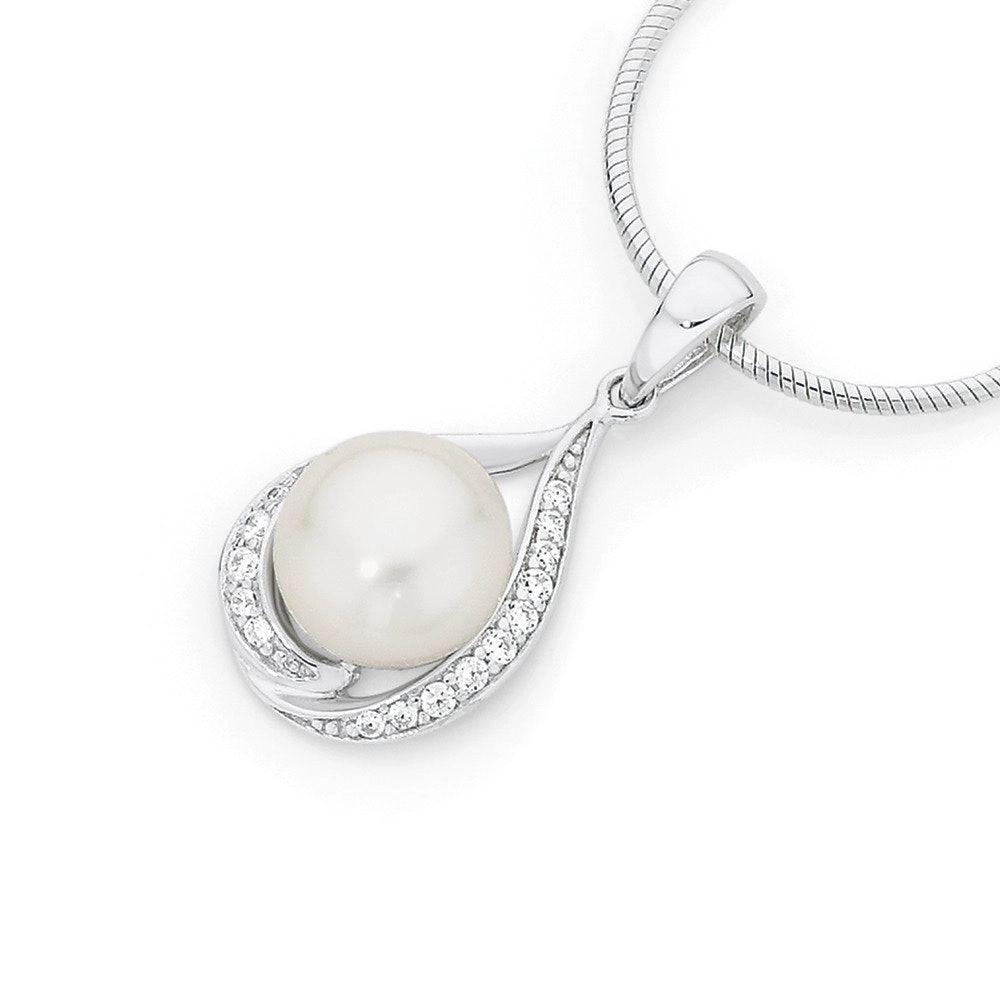 Sterling Silver Cultured Freshwater Pearl & Cubic Zirconia Pear Twist Drop Pendant