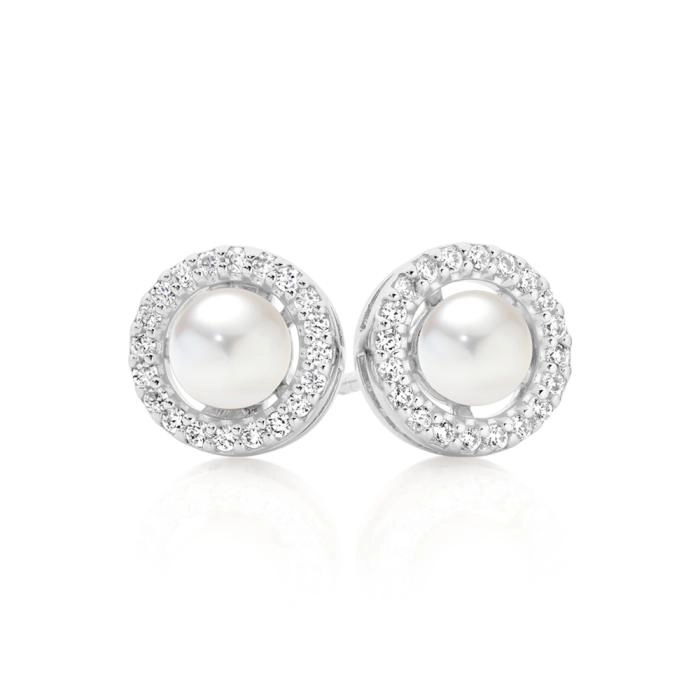 Sterling Silver Cultured F/W Pearl & Cubic Zirconia Cluster Earrings