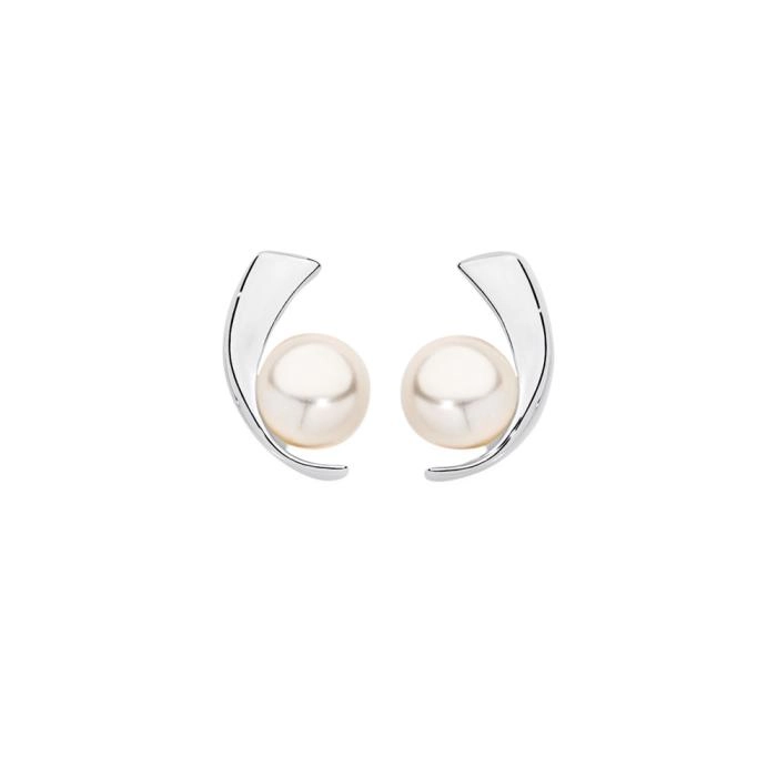 Sterling Silver Freshwater Pearl On Curve Stud Earrings