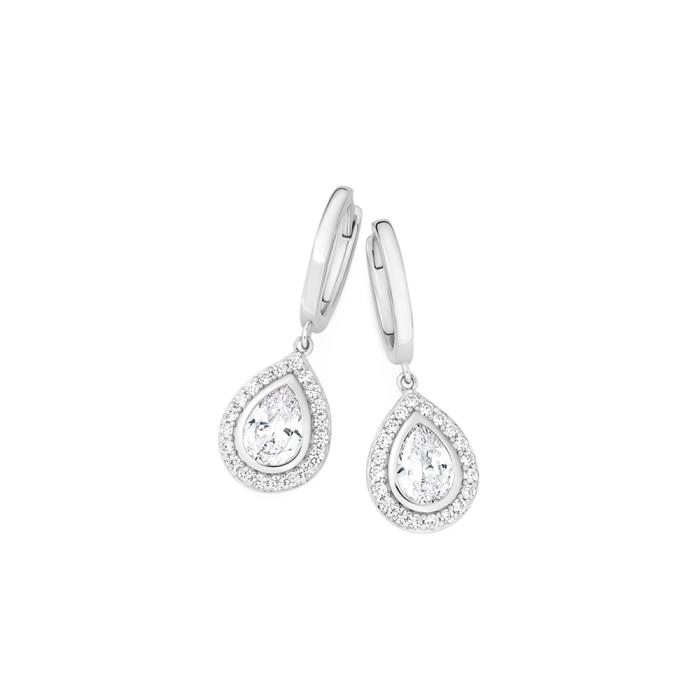 Sterling Silver Pear Cubic Zirconia Cluster on Hoop Earrings