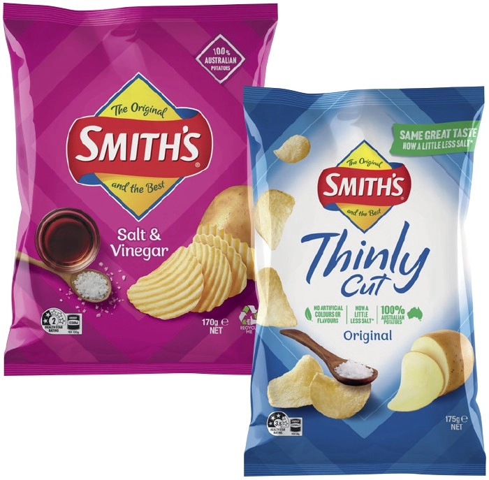 Smith’s Crinkle Cut Chips 150-170g, Thinly Cut 175g or Double Crunch 150g Selected Varieties