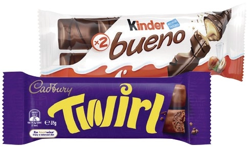 Kinder Bueno 39-43g, Cadbury Medium Bars 30‑50g, Roll 40‑55g, Fry’s Turkish Delight 50g or Toblerone 50g Selected Varieties