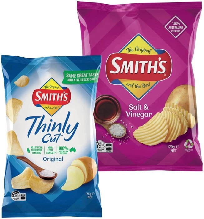 Smith’s Thinly Cut 175g, Crinkle Cut 150-170g or Double Crunch 150g Chips Selected Varieties