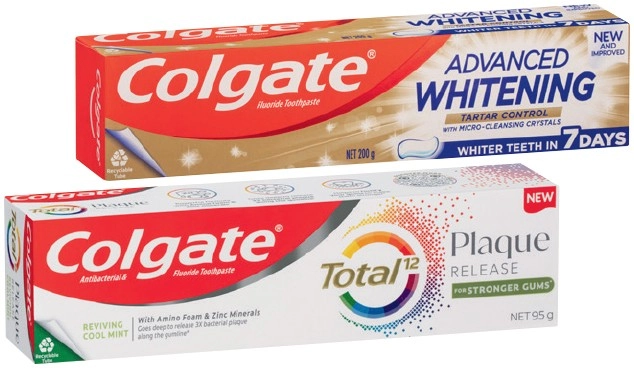 Colgate Advanced Whitening, Total Plaque or MaxFresh Toothpaste 95-200g or Total Plaque Release Mouthwash 500mL Selected Varieties