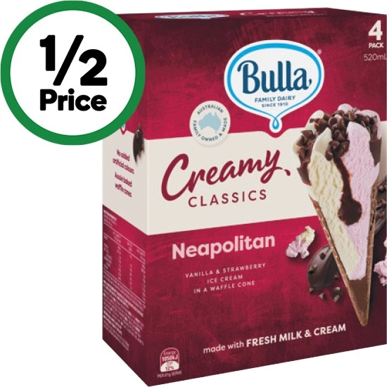 Bulla Cones or Sandwiches 520-560ml Pk 4 – From the Freezer