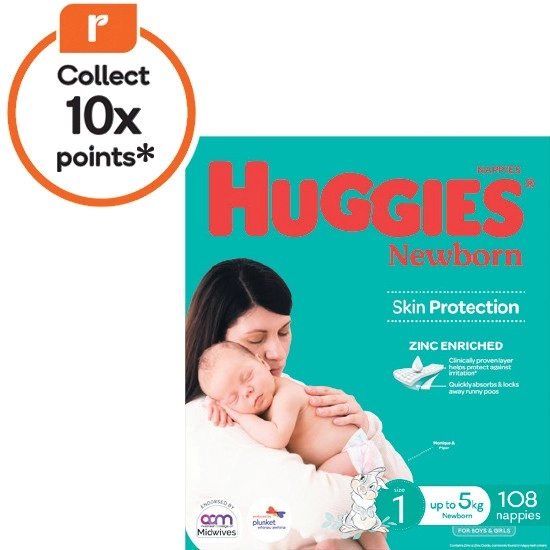 Huggies Infant Nappies Pk 96 or Newborn Nappies Pk 108