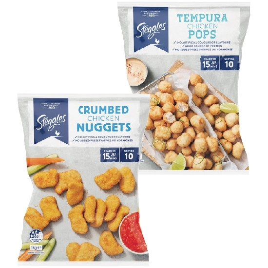 Steggles Crumbed Chicken Nuggets or Tempura Pops 1 kg – From the Freezer