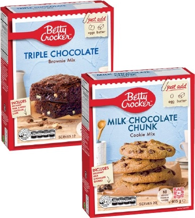 Betty Crocker Triple Chocolate Fudge Brownie Mix 500g or Chocolate Chunk Cookie Mix 485g