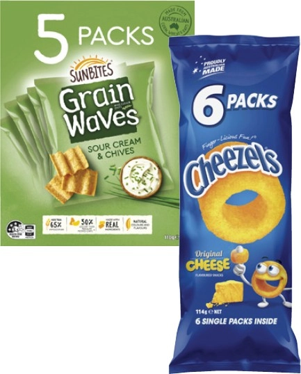 Cheezels or Parkers Pretzels 6 Pack or Grainwaves 5 Pack