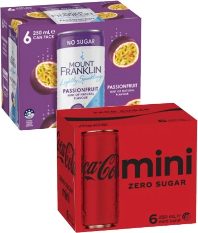 Coca-Cola, or Mt Franklin Mini Cans 6x250mL