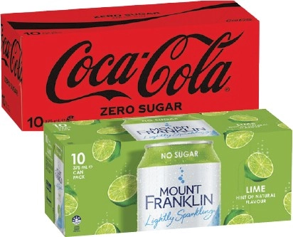 Coca-Cola Soft Drink or Mt Franklin Sparkling Water 10x375mL