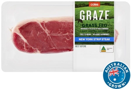 Coles Australian No Added Hormones GRAZE Grass Fed Beef New York Strip Steak 380g