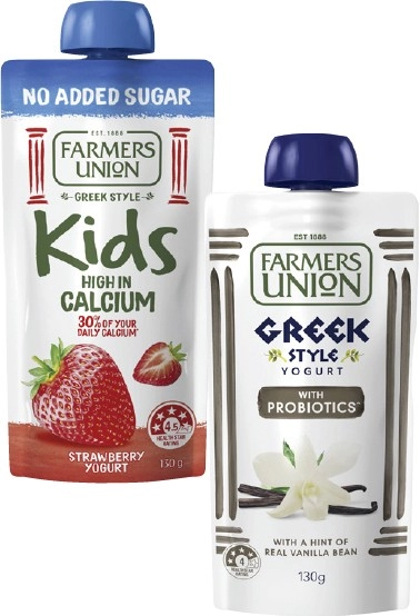 Farmers Union Greek Style or No Added Sugar Yogurt Pouch 130g