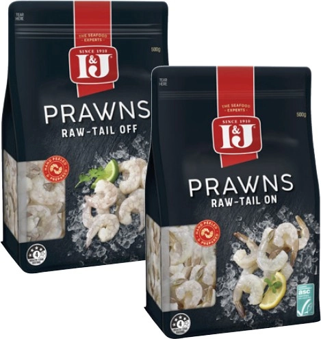 I&J Raw Prawns Tail On or Off 500g