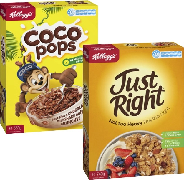 Kellogg's Coco Pops 650g or Just Right Cereal 740g