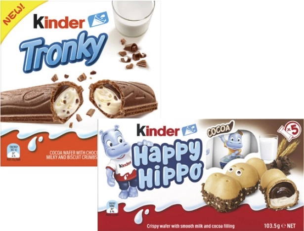 Kinder Multipack Tronky or Happy Hippo Biscuit Bars 90g-103.5g