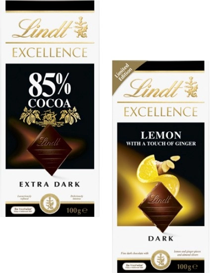 Lindt Excellence or Lindor Block Chocolate 80g-100g