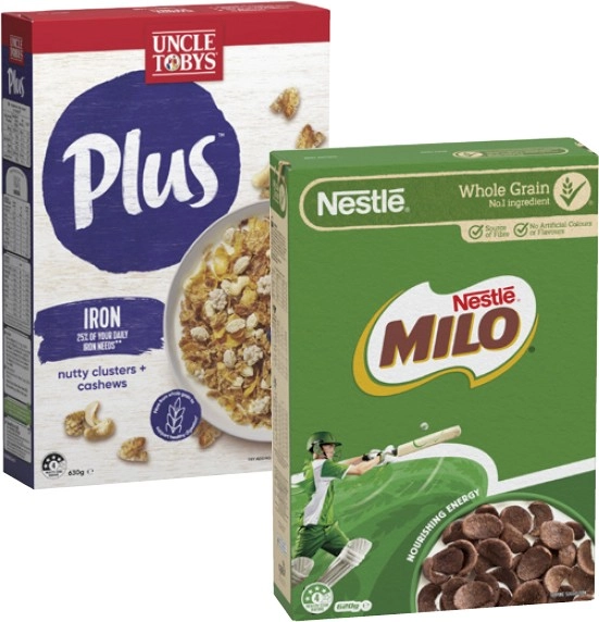 Nestlé Milo Cereal 620g or Uncle Tobys Plus Cereal 565g-705g