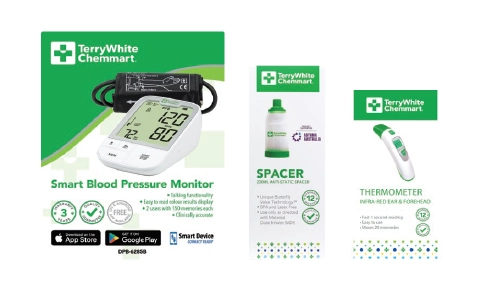 TerryWhite Chemmart Smart Blood Pressure Monitor, Spacer or Thermometer Infrared Forehead & Ear