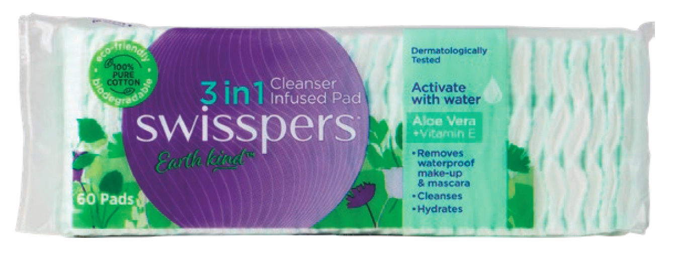 Swisspers Earth Kind 3 In 1 Cleanser Infused Pads Aloe Vera 60 Pack