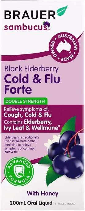 Brauer Sambucus Black Elderberry Cold & Flu Forte for Adults 200ml