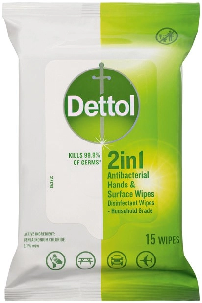 Dettol 2in1 Antibacterial Hands & Surface Wipes 15 Pack